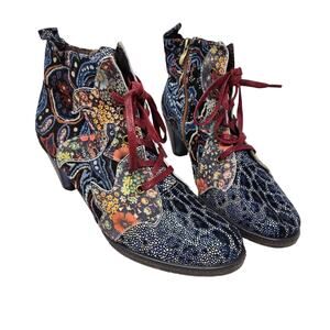 Gracosy Ankle Boots Leather Block Heel Cowgirl Bohemian Splicing Pattern Size 42